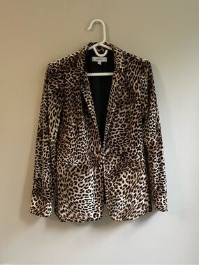 BROWN BLACK TAN LEOPARD VELOUR BLAZER POCKETS HOOK CLOSURE SMALL FITTED
